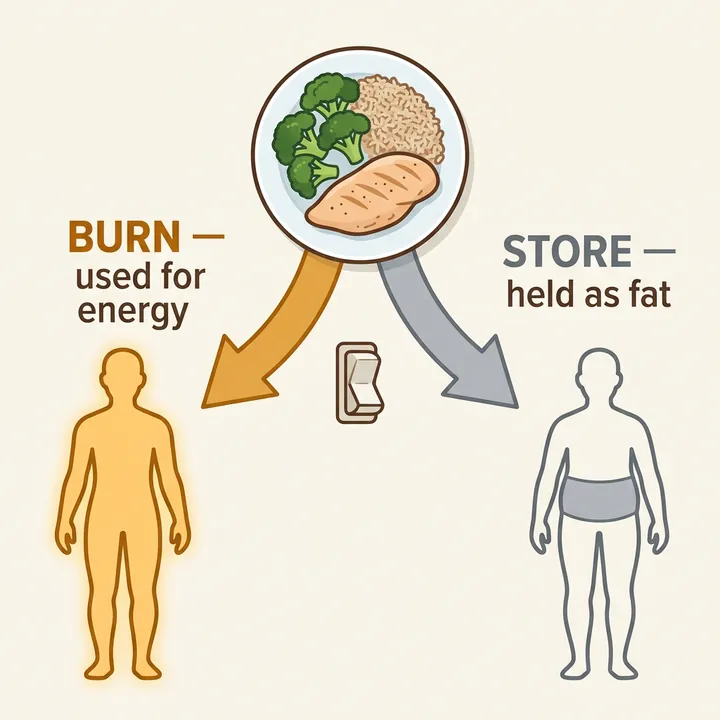Diagram: the same plate of food either burned for energy or held as fat.