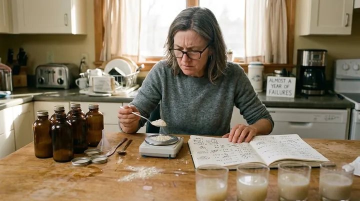 Dana weighing powders and labelling jars at a kitchen table.