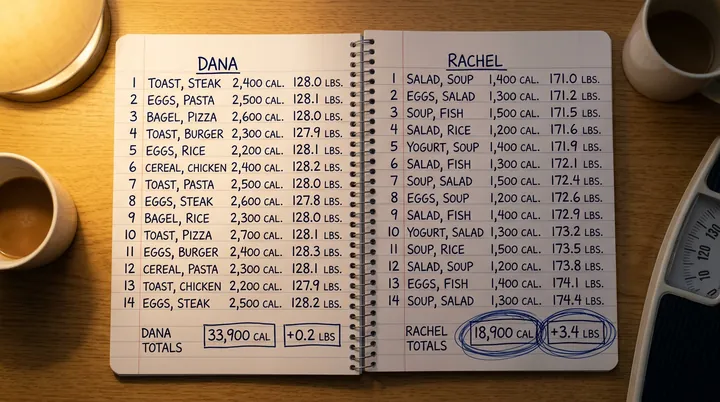 A notebook with two columns of logged meals, one headed Dana and the other Rachel.