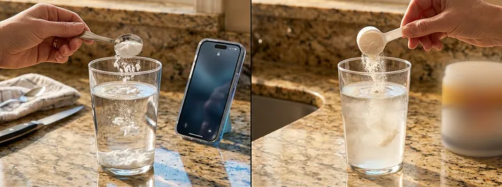 A hand spooning powder into a glass of water on a kitchen counter.
