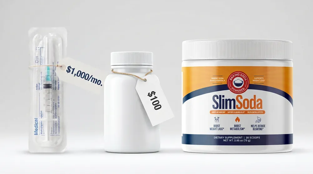 The injection, the celebrity capsule and the SlimSoda tub, with their prices.