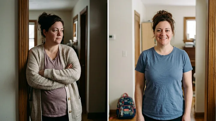 Rachel before and after, standing in a doorway.