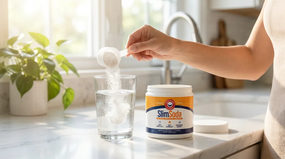 A scoop of SlimSoda being stirred into a glass of water.