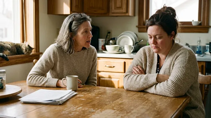Two sisters sitting at a kitchen table, one turned away.