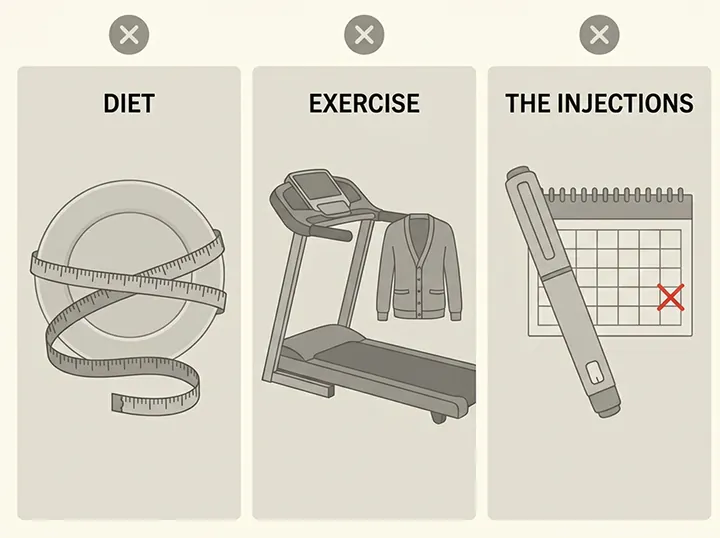 Diet, exercise and the injections, each marked with a cross.