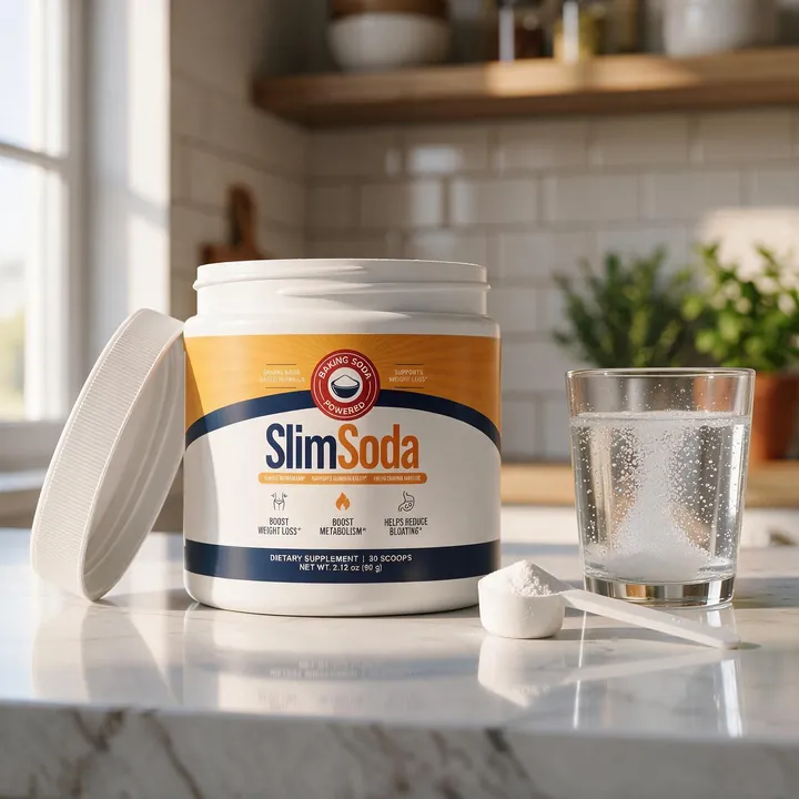 A tub of SlimSoda open on a kitchen counter beside a glass of water.