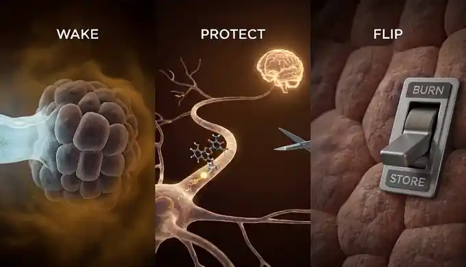Three panels: waking cells, protecting the hormone, and flipping the metabolic switch.
